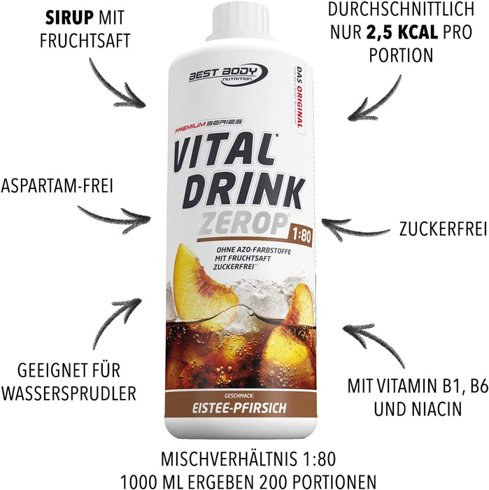 Best Body Nutrition Vital Drink ZEROP® - Eistee-Pfirsich, Original Getränkekonzentrat - Sirup - zuckerfrei, 1:80 ergibt 80 Liter Fertiggetränk
