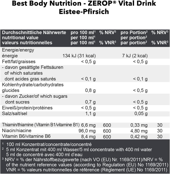 Best Body Nutrition Vital Drink ZEROP® - Eistee-Pfirsich, Original Getränkekonzentrat - Sirup - zuckerfrei, 1:80 ergibt 80 Liter Fertiggetränk