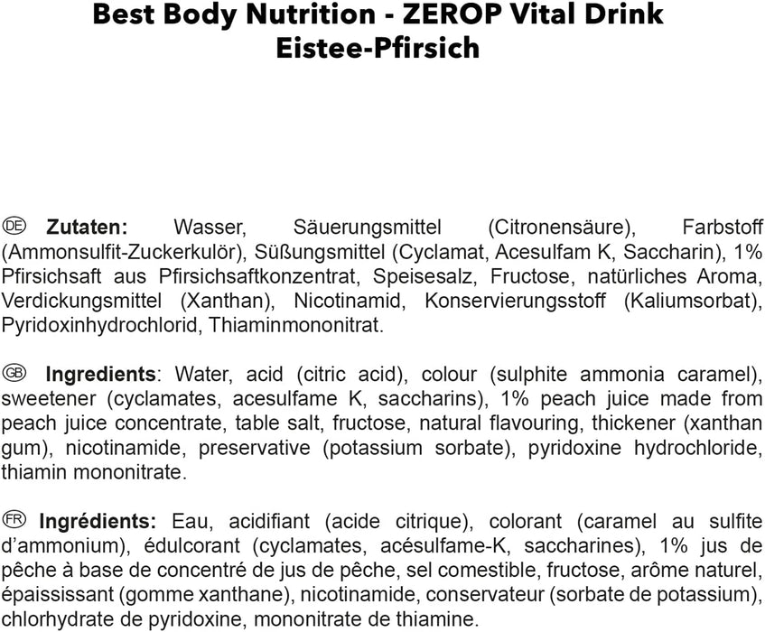 Best Body Nutrition Vital Drink ZEROP® - Eistee-Pfirsich, Original Getränkekonzentrat - Sirup - zuckerfrei, 1:80 ergibt 80 Liter Fertiggetränk