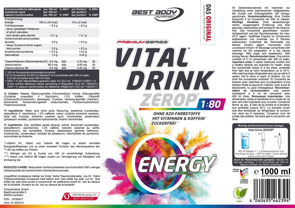 Best Body Nutrition Vital Drink ZEROP® - Energy mit 60 mg Koffein, Original Getränkekonzentrat - Sirup - zuckerfrei, 1:80 ergibt 80 Liter Fertiggetränk