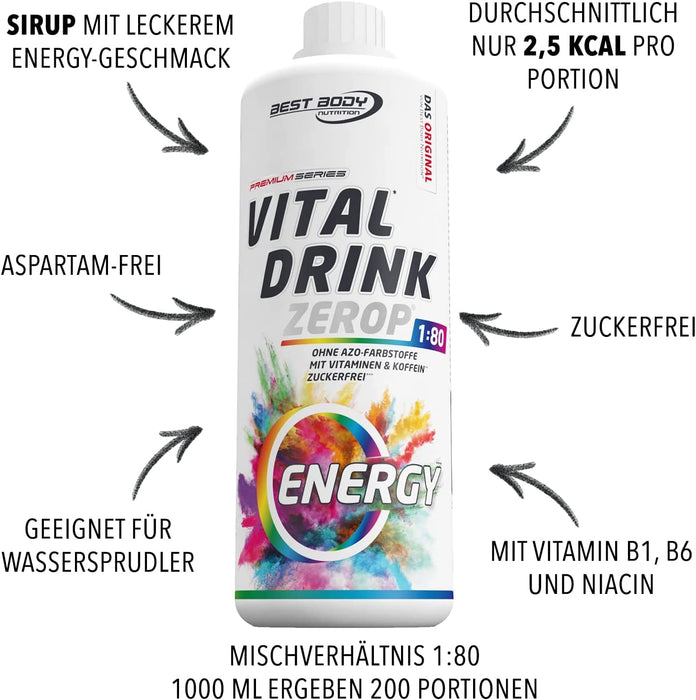 Best Body Nutrition Vital Drink ZEROP® - Energy mit 60 mg Koffein, Original Getränkekonzentrat - Sirup - zuckerfrei, 1:80 ergibt 80 Liter Fertiggetränk