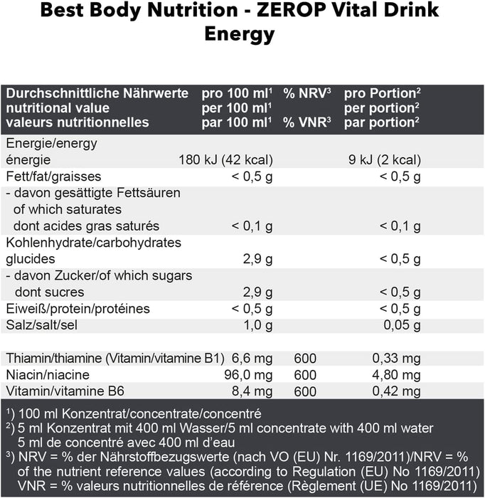 Best Body Nutrition Vital Drink ZEROP® - Energy mit 60 mg Koffein, Original Getränkekonzentrat - Sirup - zuckerfrei, 1:80 ergibt 80 Liter Fertiggetränk