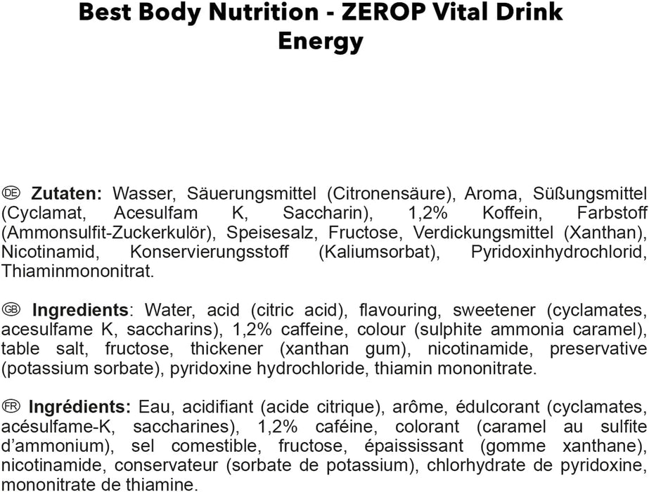 Best Body Nutrition Vital Drink ZEROP® - Energy mit 60 mg Koffein, Original Getränkekonzentrat - Sirup - zuckerfrei, 1:80 ergibt 80 Liter Fertiggetränk