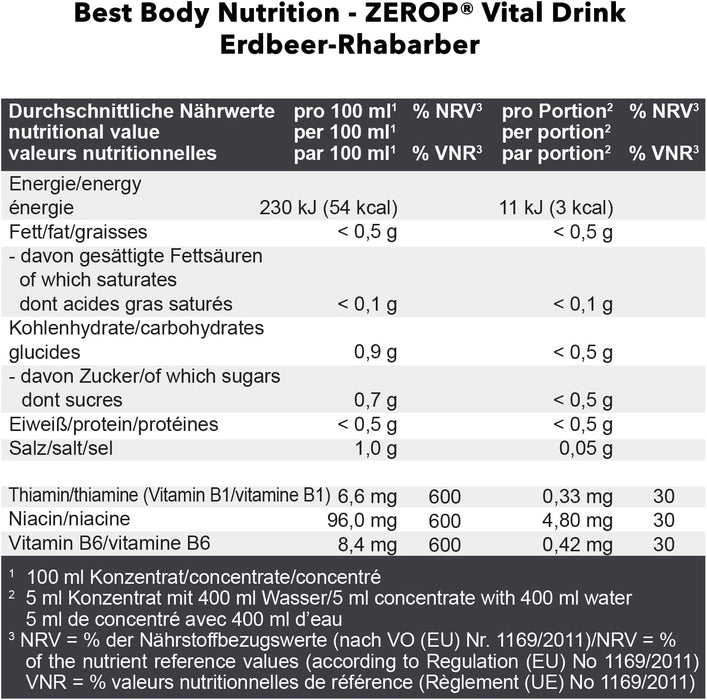 Best Body Nutrition Vital Drink ZEROP® - Erdbeer-Rhabarber, Original Getränkekonzentrat - Sirup - zuckerfrei, 1:80 ergibt 80 Liter Fertiggetränk