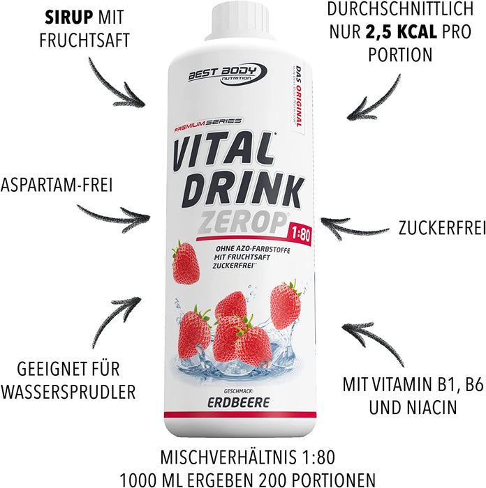 Best Body Nutrition Vital Drink ZEROP® - Erdbeere, Original Getränkekonzentrat - Sirup - zuckerfrei, 1:80 ergibt 80 Liter Fertiggetränk, 1000 ml