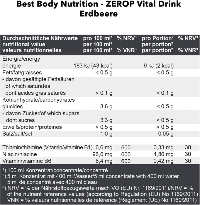 Best Body Nutrition Vital Drink ZEROP® - Erdbeere, Original Getränkekonzentrat - Sirup - zuckerfrei, 1:80 ergibt 80 Liter Fertiggetränk, 1000 ml