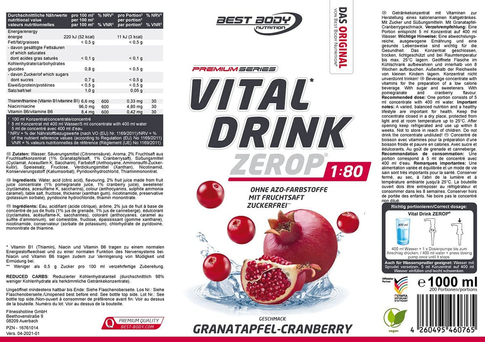 Best Body Nutrition Vital Drink ZEROP® - Granatapfel-Cranberry, Original Getränkekonzentrat - Sirup - zuckerfrei, 1:80 ergibt 80 Liter Fertiggetränk