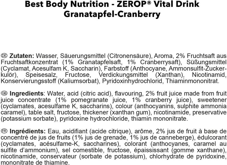 Best Body Nutrition Vital Drink ZEROP® - Granatapfel-Cranberry, Original Getränkekonzentrat - Sirup - zuckerfrei, 1:80 ergibt 80 Liter Fertiggetränk