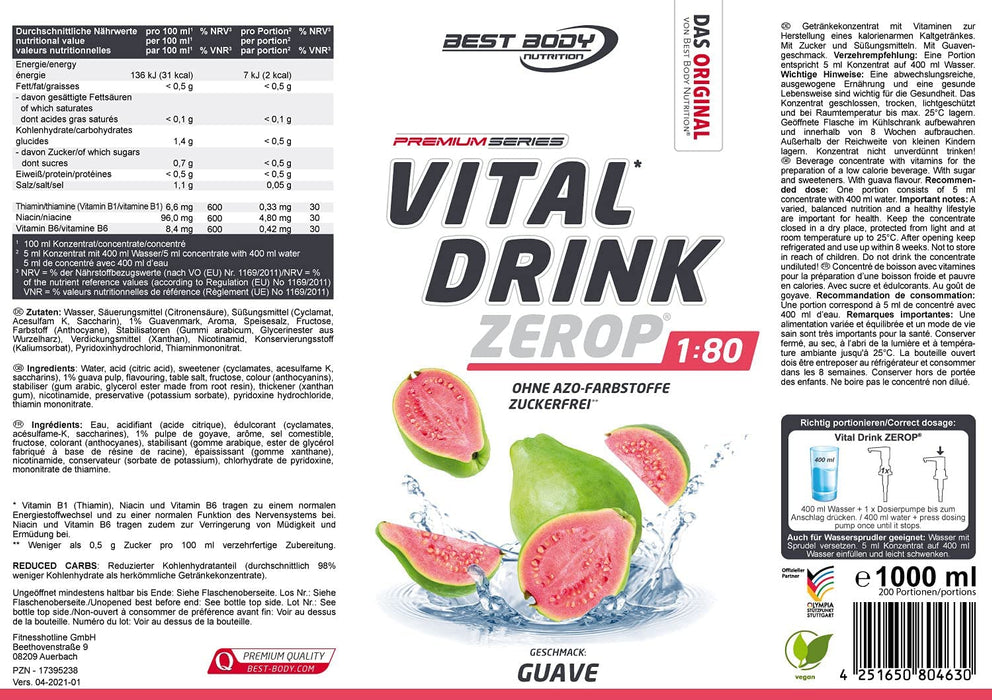 Best Body Nutrition Vital Drink ZEROP® - Guave, Original Getränkekonzentrat - Sirup - zuckerfrei, 1:80 ergibt 80 Liter Fertiggetränk, 1000 ml