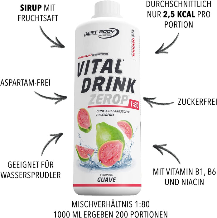 Best Body Nutrition Vital Drink ZEROP® - Guave, Original Getränkekonzentrat - Sirup - zuckerfrei, 1:80 ergibt 80 Liter Fertiggetränk, 1000 ml
