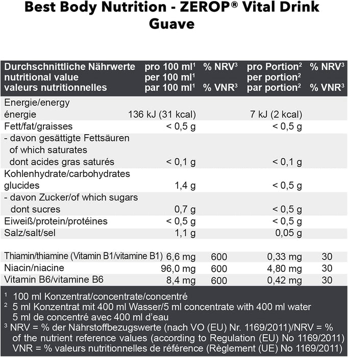 Best Body Nutrition Vital Drink ZEROP® - Guave, Original Getränkekonzentrat - Sirup - zuckerfrei, 1:80 ergibt 80 Liter Fertiggetränk, 1000 ml