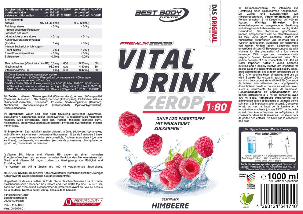 Best Body Nutrition Vital Drink ZEROP® - Himbeere, Original Getränkekonzentrat - Sirup - zuckerfrei, 1:80 ergibt 80 Liter Fertiggetränk, 1000 ml
