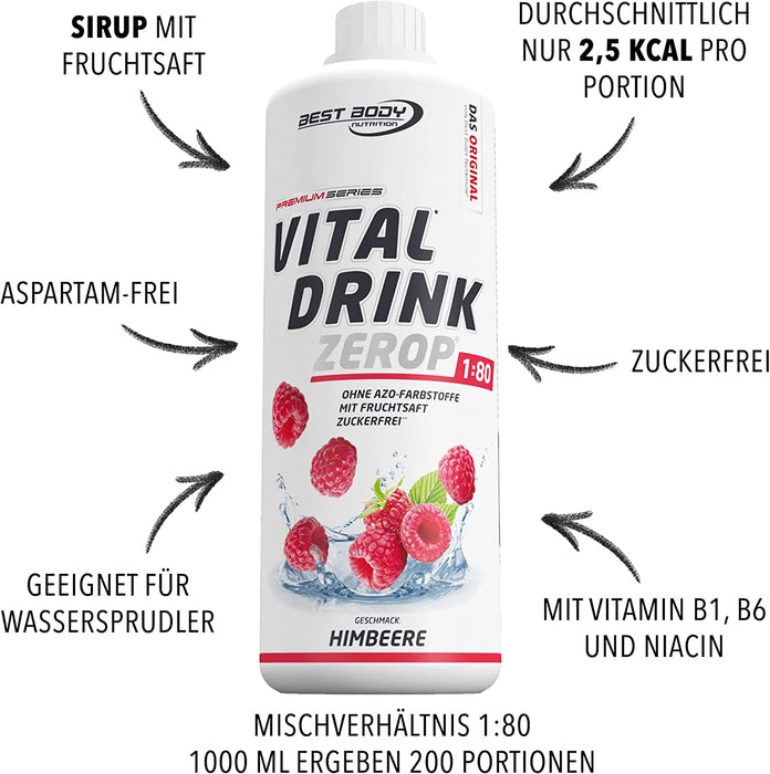 Best Body Nutrition Vital Drink ZEROP® - Himbeere, Original Getränkekonzentrat - Sirup - zuckerfrei, 1:80 ergibt 80 Liter Fertiggetränk, 1000 ml