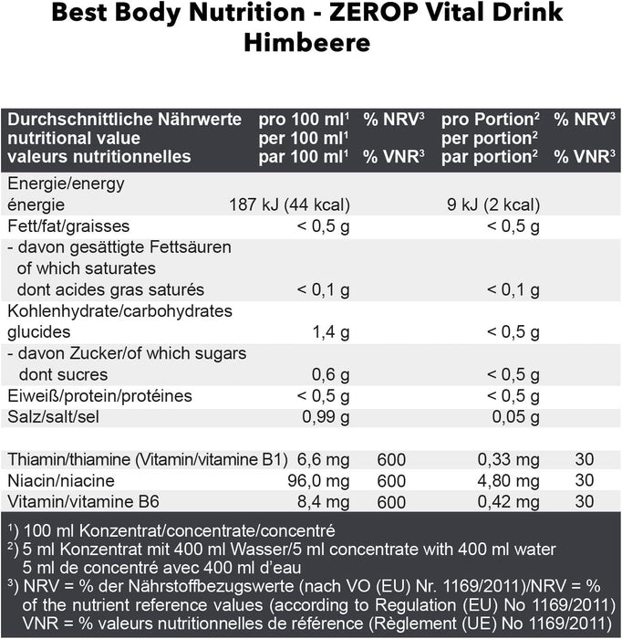 Best Body Nutrition Vital Drink ZEROP® - Himbeere, Original Getränkekonzentrat - Sirup - zuckerfrei, 1:80 ergibt 80 Liter Fertiggetränk, 1000 ml