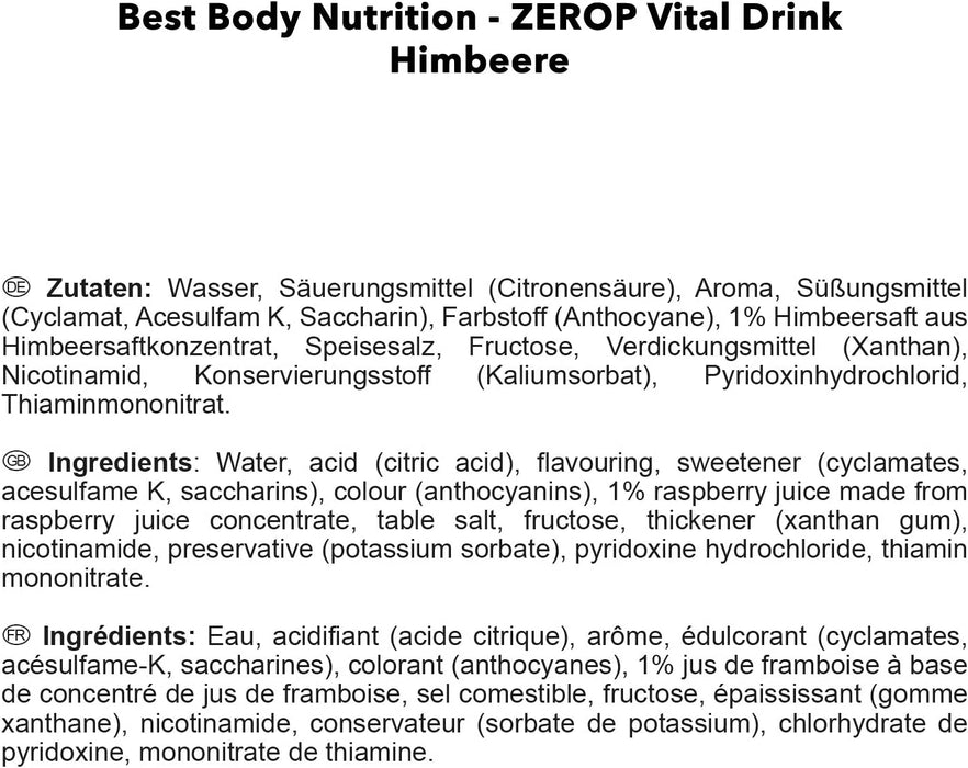 Best Body Nutrition Vital Drink ZEROP® - Himbeere, Original Getränkekonzentrat - Sirup - zuckerfrei, 1:80 ergibt 80 Liter Fertiggetränk, 1000 ml