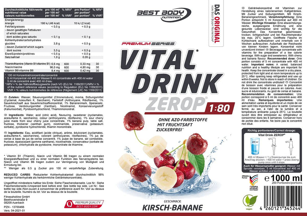 Best Body Nutrition Vital Drink ZEROP® - Kirsch-Banane, Original Getränkekonzentrat - Sirup - zuckerfrei, 1:80 ergibt 80 Liter Fertiggetränk, 1000 ml