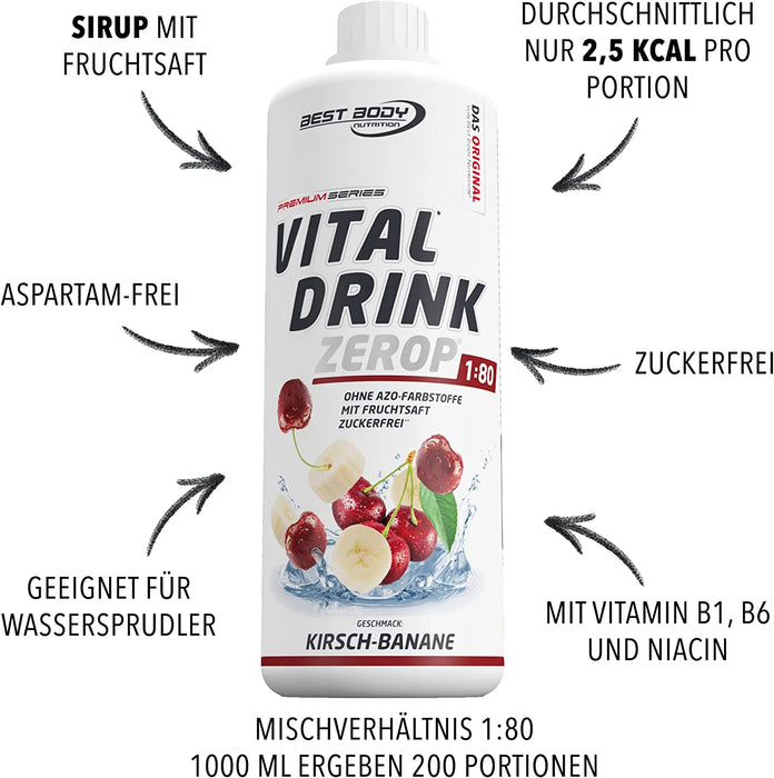 Best Body Nutrition Vital Drink ZEROP® - Kirsch-Banane, Original Getränkekonzentrat - Sirup - zuckerfrei, 1:80 ergibt 80 Liter Fertiggetränk, 1000 ml