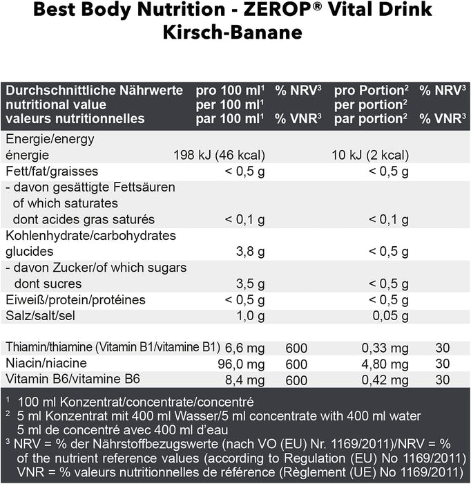 Best Body Nutrition Vital Drink ZEROP® - Kirsch-Banane, Original Getränkekonzentrat - Sirup - zuckerfrei, 1:80 ergibt 80 Liter Fertiggetränk, 1000 ml