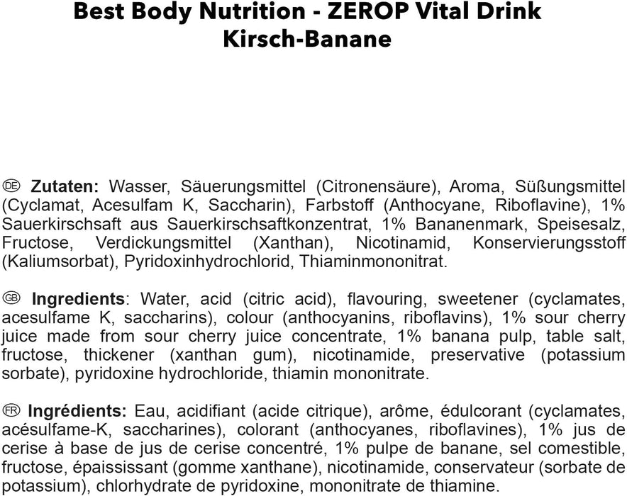 Best Body Nutrition Vital Drink ZEROP® - Kirsch-Banane, Original Getränkekonzentrat - Sirup - zuckerfrei, 1:80 ergibt 80 Liter Fertiggetränk, 1000 ml