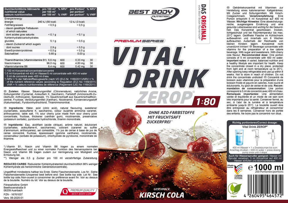 Best Body Nutrition Vital Drink ZEROP® - Kirsch-Cola, Original Getränkekonzentrat - Sirup - zuckerfrei, 1:80 ergibt 80 Liter Fertiggetränk, 1000 ml