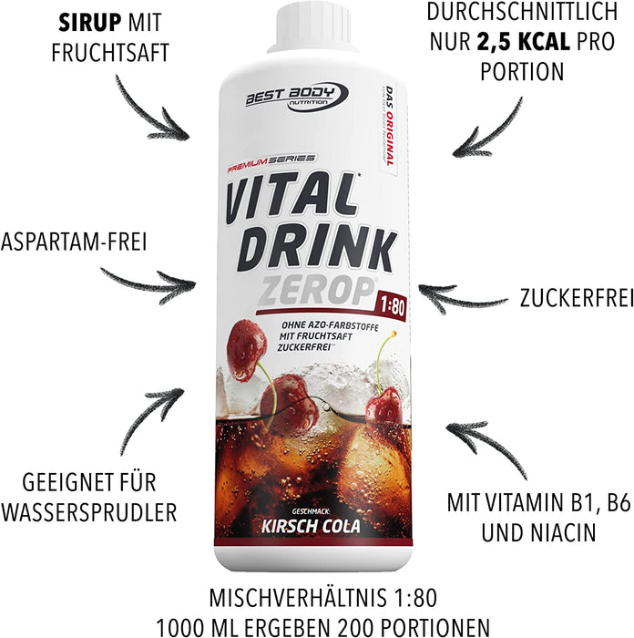 Best Body Nutrition Vital Drink ZEROP® - Kirsch-Cola, Original Getränkekonzentrat - Sirup - zuckerfrei, 1:80 ergibt 80 Liter Fertiggetränk, 1000 ml