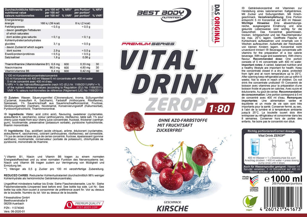 Best Body Nutrition Vital Drink ZEROP® - Kirsche, Original Getränkekonzentrat - Sirup - zuckerfrei, 1:80 ergibt 80 Liter Fertiggetränk, 1000 ml