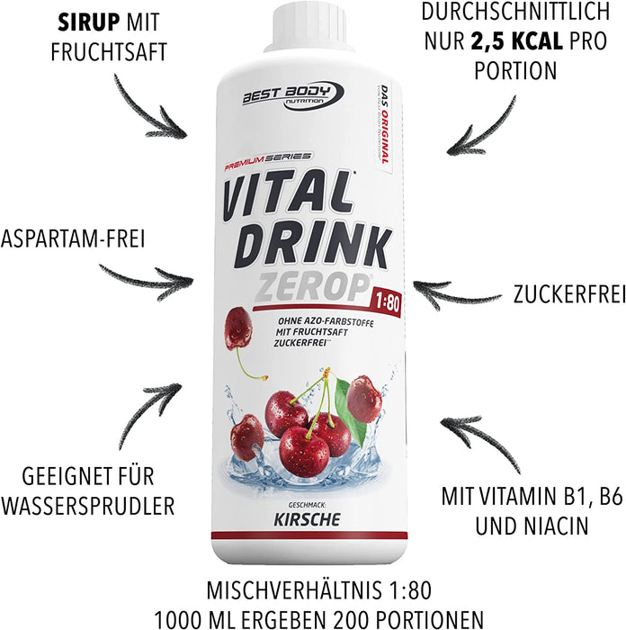Best Body Nutrition Vital Drink ZEROP® - Kirsche, Original Getränkekonzentrat - Sirup - zuckerfrei, 1:80 ergibt 80 Liter Fertiggetränk, 1000 ml