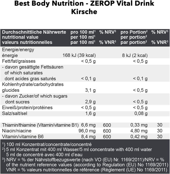 Best Body Nutrition Vital Drink ZEROP® - Kirsche, Original Getränkekonzentrat - Sirup - zuckerfrei, 1:80 ergibt 80 Liter Fertiggetränk, 1000 ml