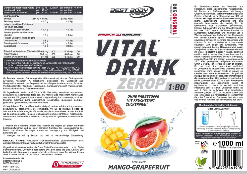 Best Body Nutrition Vital Drink ZEROP® - Mango Grapefruit, Original Getränkekonzentrat - Sirup - zuckerfrei, 1:80 ergibt 80 Liter Fertiggetränk