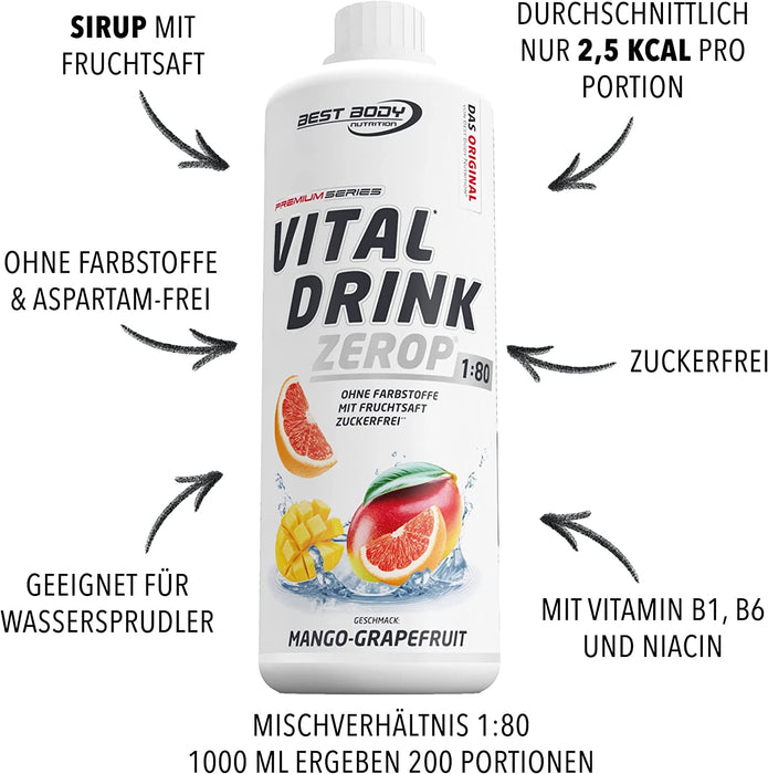 Best Body Nutrition Vital Drink ZEROP® - Mango Grapefruit, Original Getränkekonzentrat - Sirup - zuckerfrei, 1:80 ergibt 80 Liter Fertiggetränk