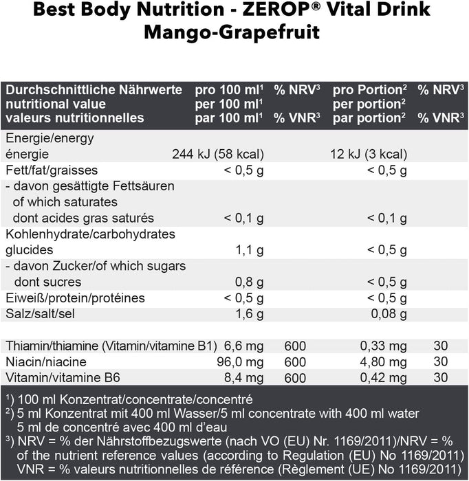 Best Body Nutrition Vital Drink ZEROP® - Mango Grapefruit, Original Getränkekonzentrat - Sirup - zuckerfrei, 1:80 ergibt 80 Liter Fertiggetränk