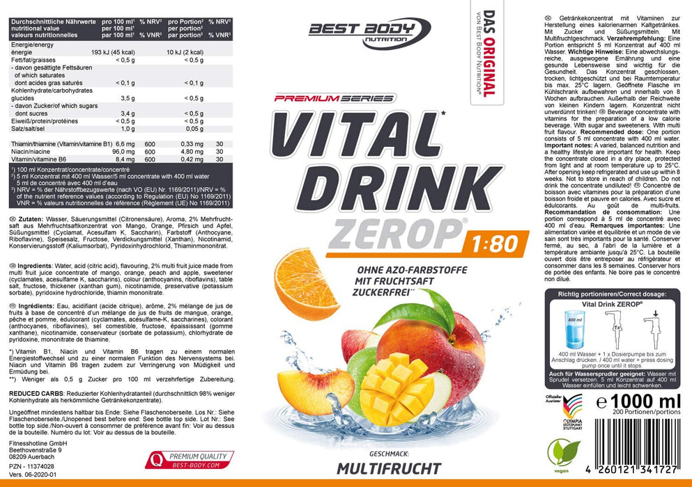 Best Body Nutrition Vital Drink ZEROP® - Multifrucht, Original Getränkekonzentrat - Sirup - zuckerfrei, 1:80 ergibt 80 Liter Fertiggetränk, 1000 ml
