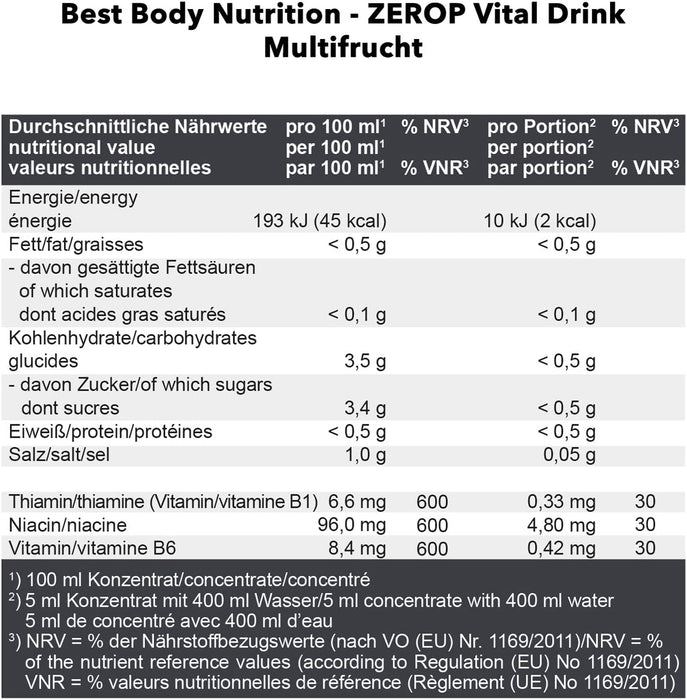 Best Body Nutrition Vital Drink ZEROP® - Multifrucht, Original Getränkekonzentrat - Sirup - zuckerfrei, 1:80 ergibt 80 Liter Fertiggetränk, 1000 ml