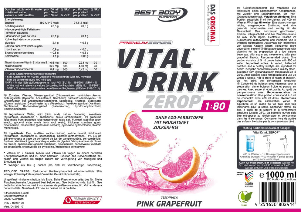 Best Body Nutrition Vital Drink ZEROP® - Pink Grapefruit, Original Getränkekonzentrat - Sirup - zuckerfrei, 1:80 ergibt 80 Liter Fertiggetränk