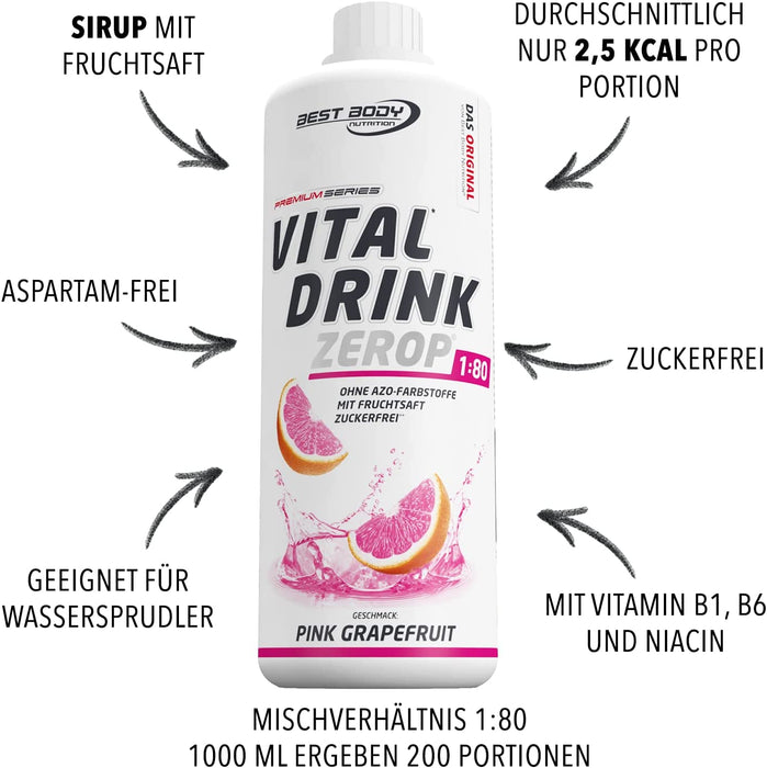 Best Body Nutrition Vital Drink ZEROP® - Pink Grapefruit, Original Getränkekonzentrat - Sirup - zuckerfrei, 1:80 ergibt 80 Liter Fertiggetränk