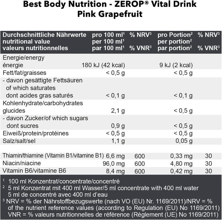 Best Body Nutrition Vital Drink ZEROP® - Pink Grapefruit, Original Getränkekonzentrat - Sirup - zuckerfrei, 1:80 ergibt 80 Liter Fertiggetränk