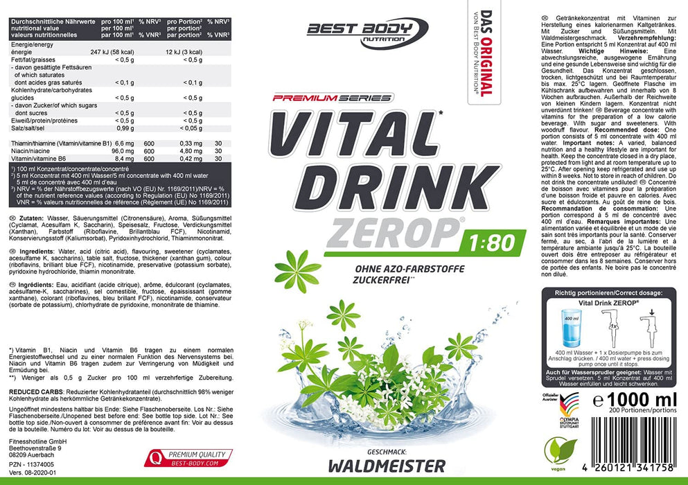 Best Body Nutrition Vital Drink ZEROP® - Waldmeister, Original Getränkekonzentrat - Sirup - zuckerfrei, 1:80 ergibt 80 Liter Fertiggetränk, 1000 ml