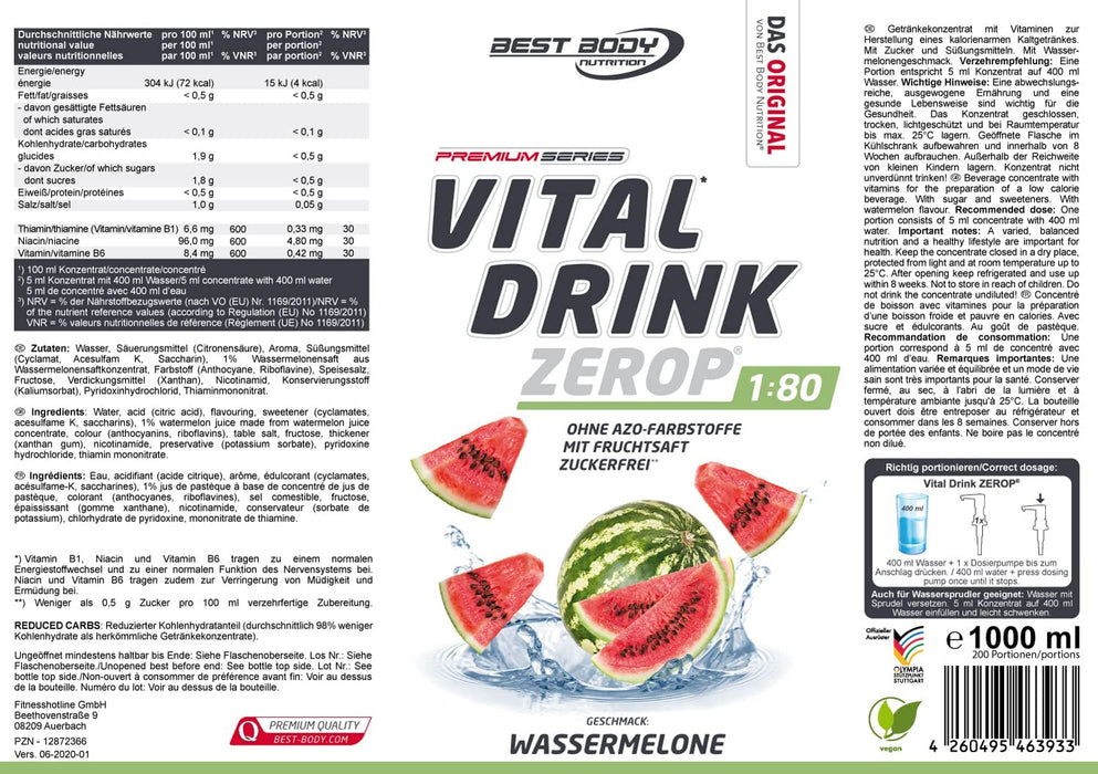Best Body Nutrition Vital Drink ZEROP® - Wassermelone, Original Getränkekonzentrat - Sirup - zuckerfrei, 180 ergibt 80 Liter Fertiggetränk, 1000 ml