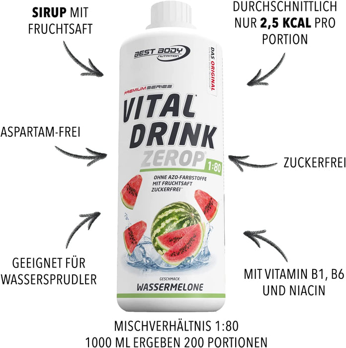 Best Body Nutrition Vital Drink ZEROP® - Wassermelone, Original Getränkekonzentrat - Sirup - zuckerfrei, 180 ergibt 80 Liter Fertiggetränk, 1000 ml