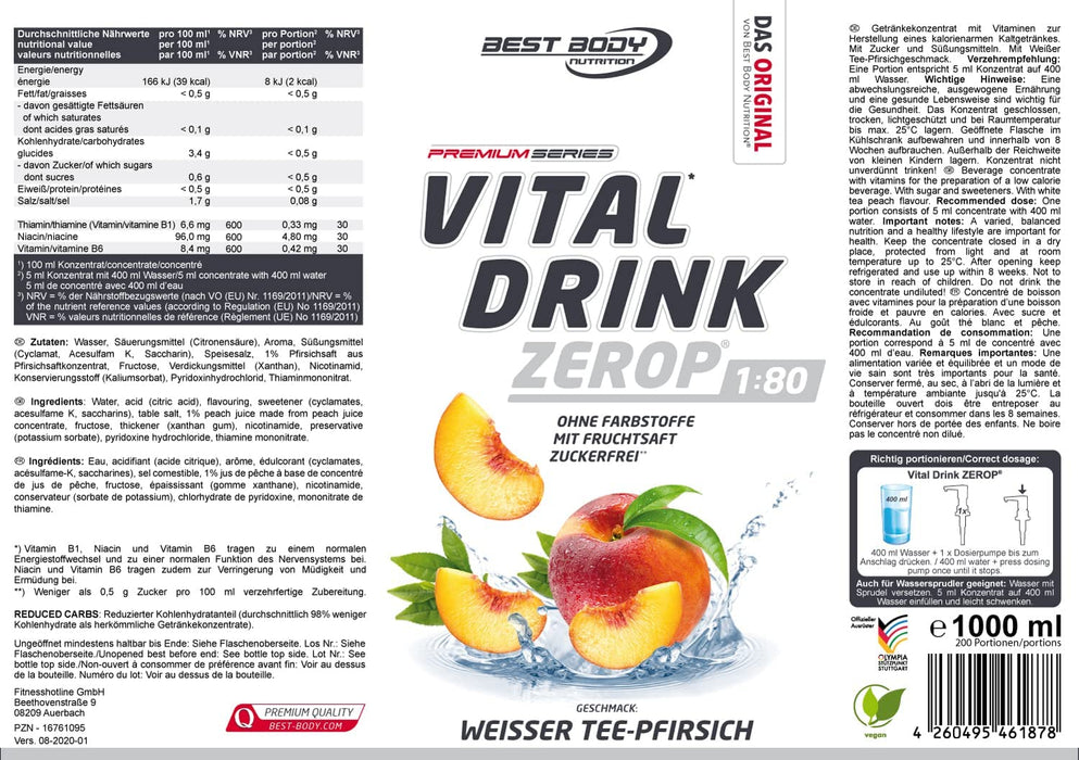 Best Body Nutrition Vital Drink ZEROP® - Weißer Tee-Pfirsich, Original Getränkekonzentrat - Sirup - zuckerfrei, 1:80 ergibt 80 Liter Fertiggetränk, 1000 ml