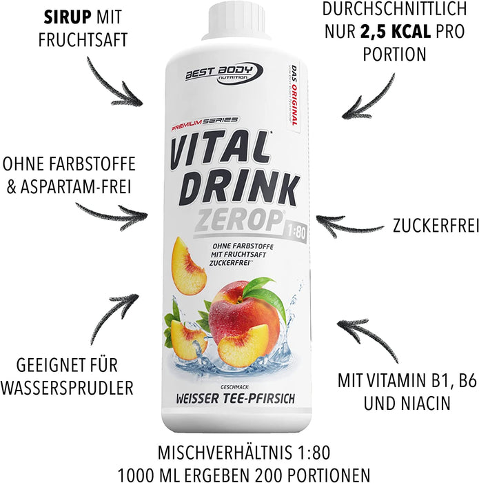 Best Body Nutrition Vital Drink ZEROP® - Weißer Tee-Pfirsich, Original Getränkekonzentrat - Sirup - zuckerfrei, 1:80 ergibt 80 Liter Fertiggetränk, 1000 ml
