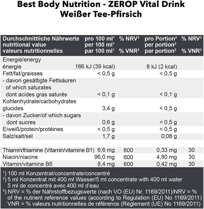 Best Body Nutrition Vital Drink ZEROP® - Weißer Tee-Pfirsich, Original Getränkekonzentrat - Sirup - zuckerfrei, 1:80 ergibt 80 Liter Fertiggetränk, 1000 ml