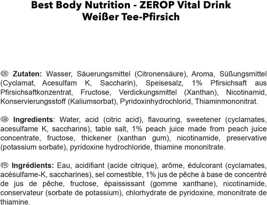Best Body Nutrition Vital Drink ZEROP® - Weißer Tee-Pfirsich, Original Getränkekonzentrat - Sirup - zuckerfrei, 1:80 ergibt 80 Liter Fertiggetränk, 1000 ml
