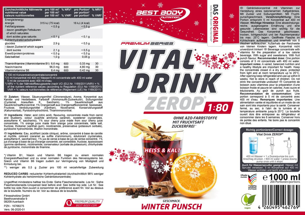 Best Body Nutrition Vital Drink ZEROP® - Winter Punsch Limited Edition, Original Getränkekonzentrat - Sirup - zuckerfrei, 1:80 ergibt 80 Liter Fertiggetränk, 1000 ml