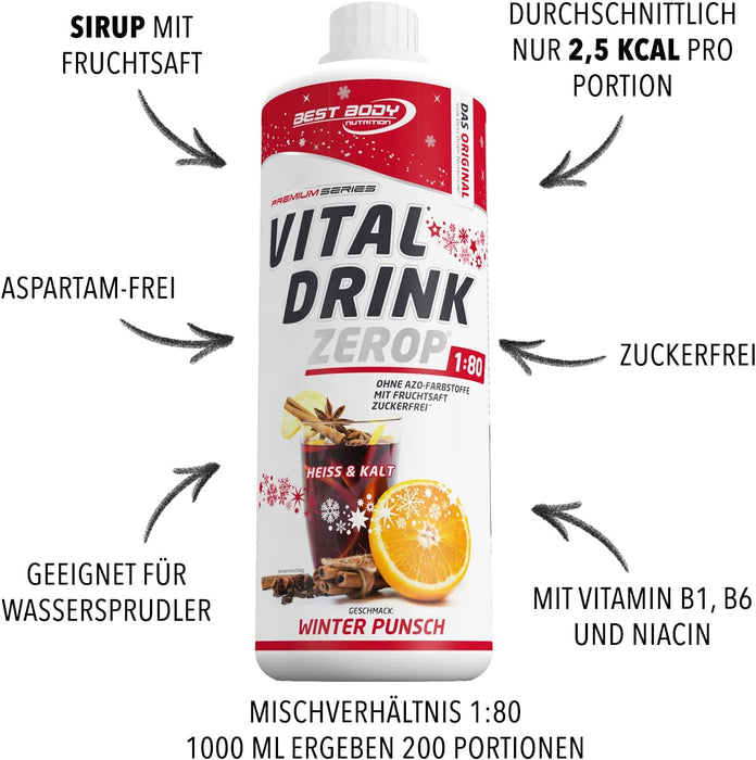 Best Body Nutrition Vital Drink ZEROP® - Winter Punsch Limited Edition, Original Getränkekonzentrat - Sirup - zuckerfrei, 1:80 ergibt 80 Liter Fertiggetränk, 1000 ml
