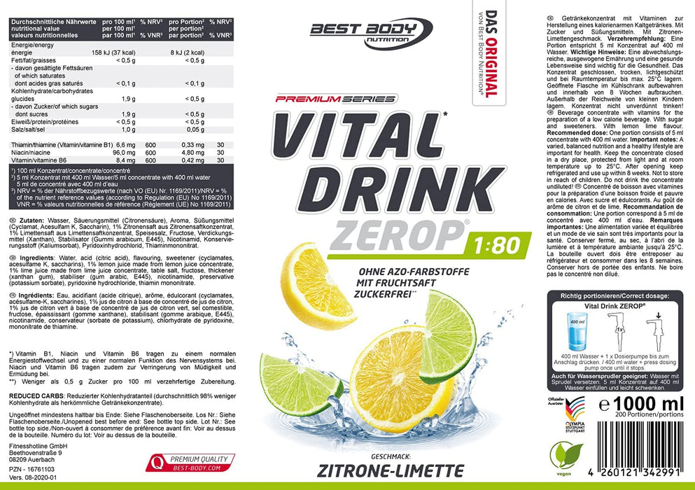 Best Body Nutrition Vital Drink ZEROP® - Zitrone-Limette, Original Getränkekonzentrat - Sirup - zuckerfrei, 1:80 ergibt 80 Liter Fertiggetränk, 1000 ml