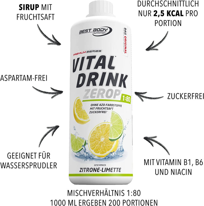 Best Body Nutrition Vital Drink ZEROP® - Zitrone-Limette, Original Getränkekonzentrat - Sirup - zuckerfrei, 1:80 ergibt 80 Liter Fertiggetränk, 1000 ml