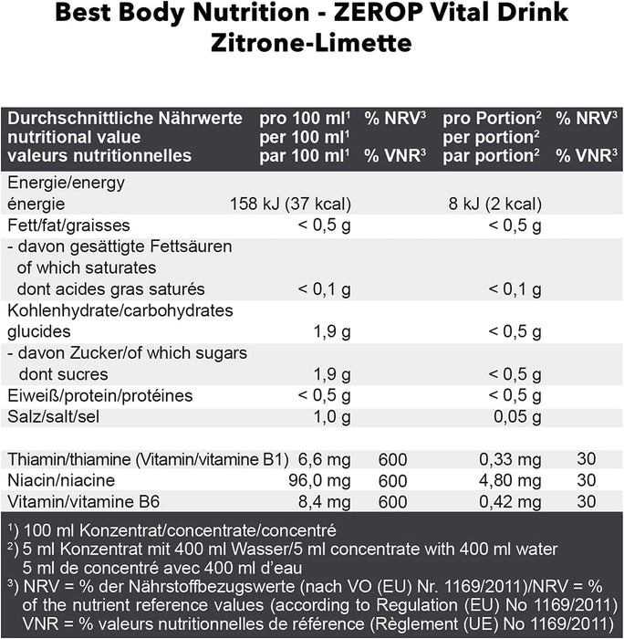 Best Body Nutrition Vital Drink ZEROP® - Zitrone-Limette, Original Getränkekonzentrat - Sirup - zuckerfrei, 1:80 ergibt 80 Liter Fertiggetränk, 1000 ml