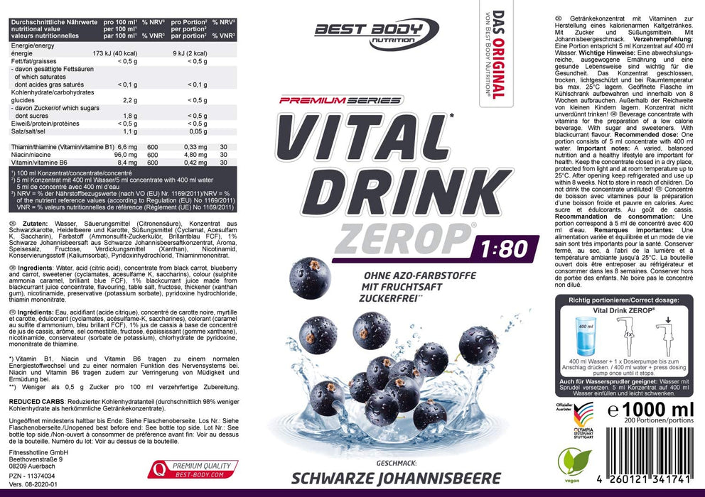 Best Body Nutrition Vital Drink ZEROP® - schwarze Johannisbeere, Original Getränkekonzentrat - Sirup - zuckerfrei, 1:80 ergibt 80 Liter Fertiggetränk