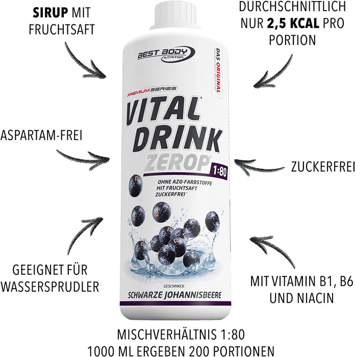 Best Body Nutrition Vital Drink ZEROP® - schwarze Johannisbeere, Original Getränkekonzentrat - Sirup - zuckerfrei, 1:80 ergibt 80 Liter Fertiggetränk